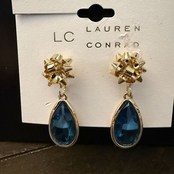 Lauren Conrad LC Gold Tone Gift Bow Blue Teardrop Stone Gem Pierced Earrings New - Picture 2 of 2